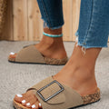 Women's Summer Spring and Autumn Casual Simple Large Buckle Suede Upper Soft Wood Grain Comfortable Flat Heel Slip-On Beach Slippers