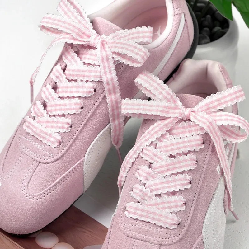 Gingham Ribbon Shoelaces Wave Edge Plaid Flat Shoe Laces Decorative Replacement Laces For Sneakers Casual Shoes
