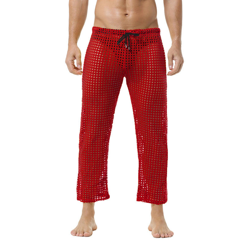 Men's Fishnet Hollow Out Robes Classic Lounge Pants Sexy Sleepwear Mens Robe Sets Daily Home Sleeveless Bathrobes Hooded Pajamas