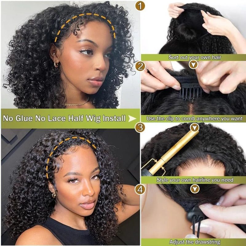 Burmese Curly 3 IN 1 Half Wigs Human Hair Wig Glueless Wigs Ready to Wear Half Wig Drawstring Clip Burmese Curly Hair Half Wig