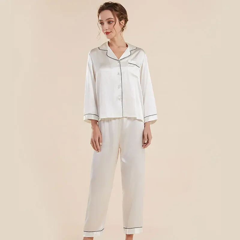 Tcyeek, 100%Real Silk Casual Pajamas Set, Women Long Sleeve Top Pants, Solid Home Clothing Set, 2024 Summer Autumn S48024QC