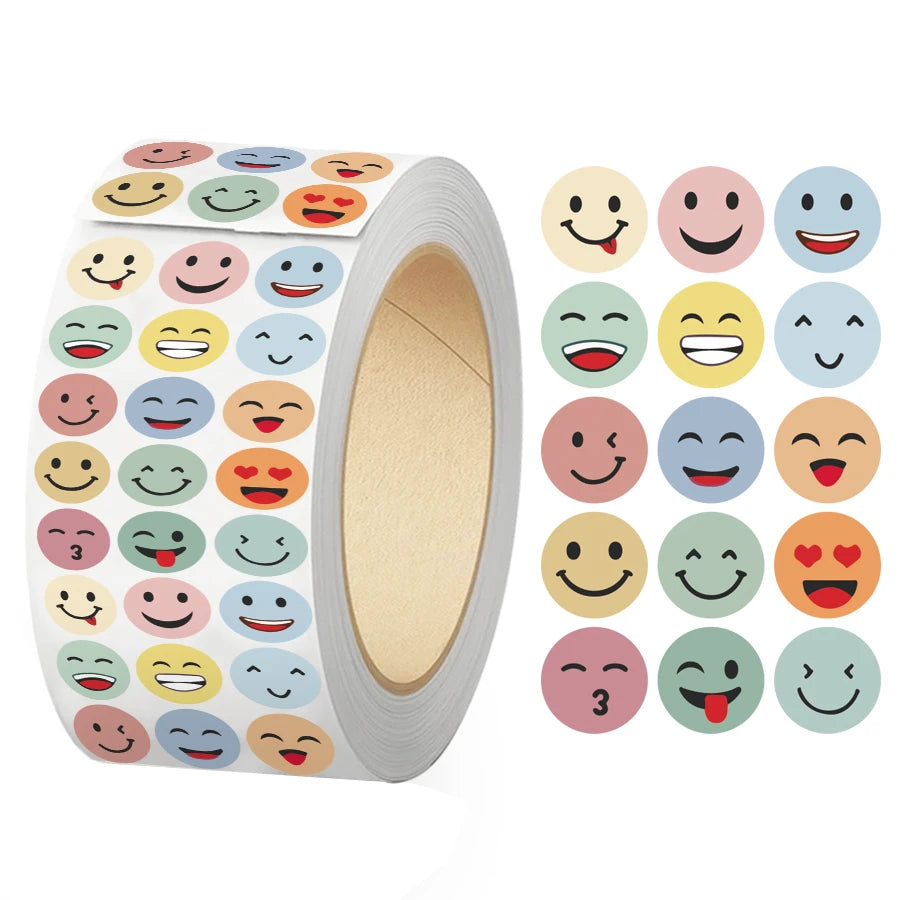 1500 pcs Colorful Smile Face Stickers Roll, Round Expression Labels Bulk, Self Adhesive Decorative Seals for Packaging, Reward