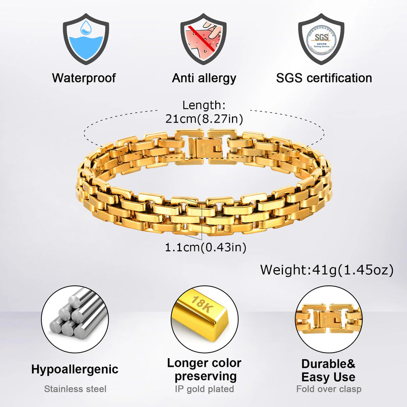 Gold Color Men's Chain Bracelet, Hip Hop Stainless Steel Chunky Wristband, Rock Punk Jewelry Gift for Dad - Visuel 3 | SAMAG