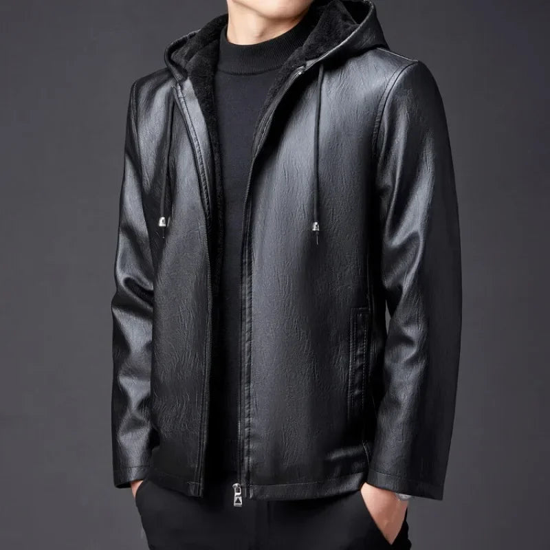 Winter High-end Men's Hooded Leather Jacket with Waterproof Windproof and Plush Insulation Men Clothing