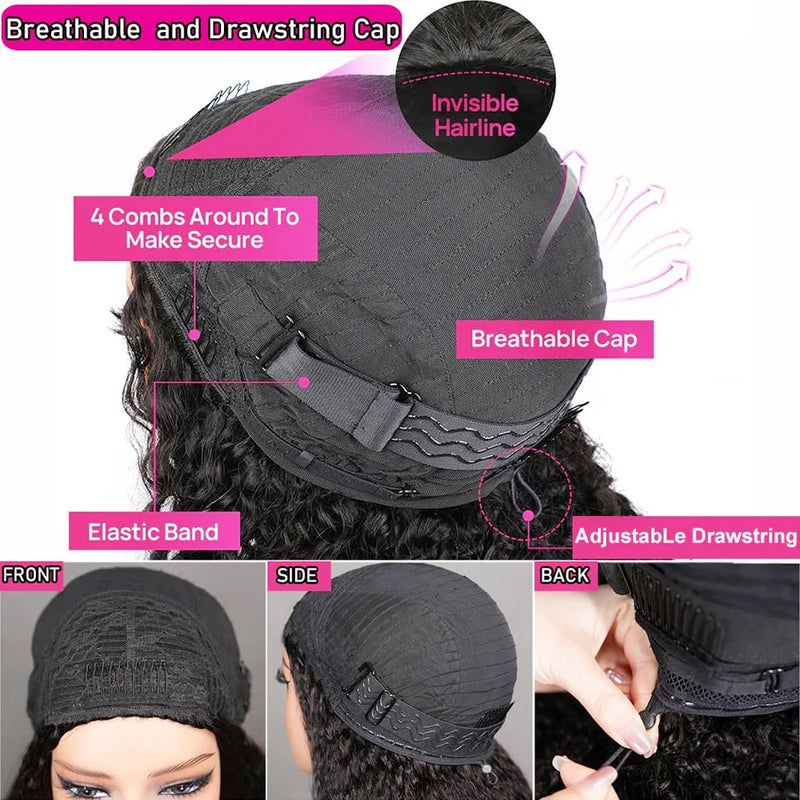 300 Density Burmese Curly Half Wig 100% Human Hair Glueless Ready to Wear Seamless Clip Ins 3 IN 1 Half Wig With Drawstring