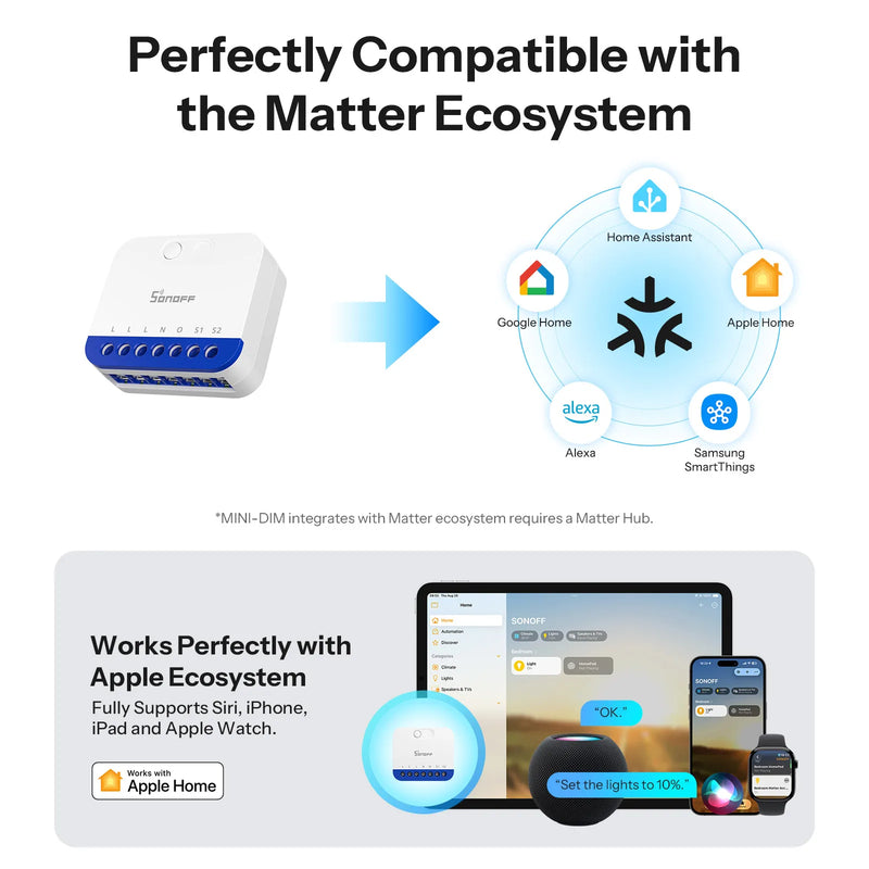 SONOFF MINI-DIM MINI Extreme Matter Over WiFi Dimmer Switch Wide Lighting Compatibility Matter-enabled Google Apple Home Alexa