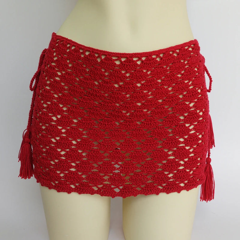 High Quality Bikini Cover Up Mini Skirt Beach Skirt Hollow Out Tassel Bandage Short Beach Skirt Cover-Ups 100% Handmade