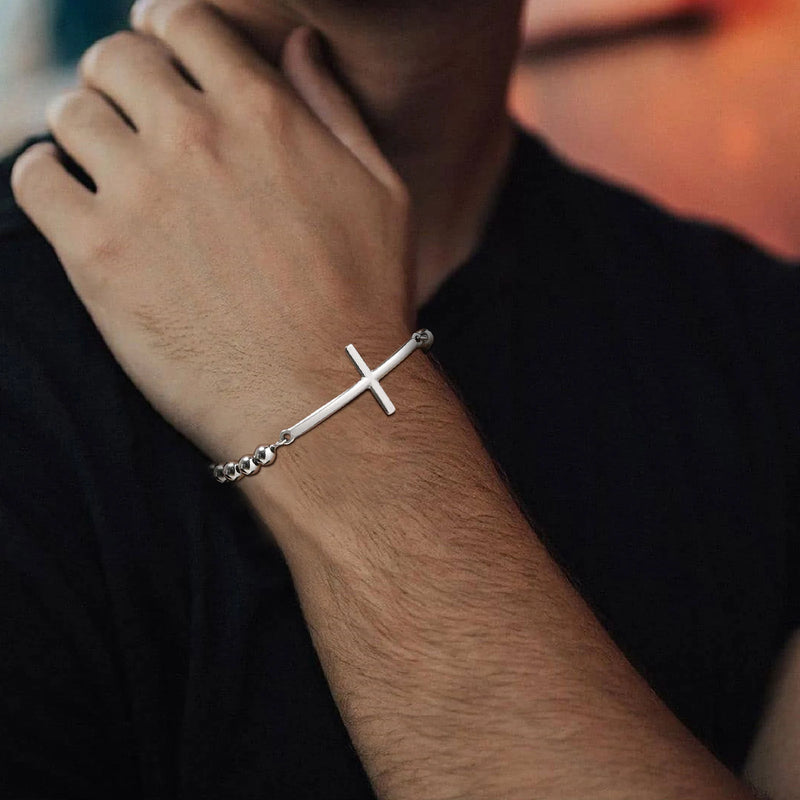 Vnox Simple Big Cross Bracelets with Glossy Stainless Steel Beads Adjustable Beaded Chain Men Religious - Visuel 2 | SAMAG