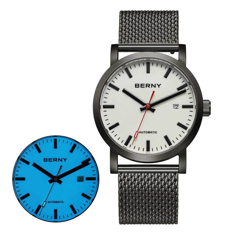 BERNY Automatic Men's Watch Top Brand Luminous 316L Stainless Steel Self-Wind Sapphire Wristwatch Mesh Belt Mechanical Men Watch