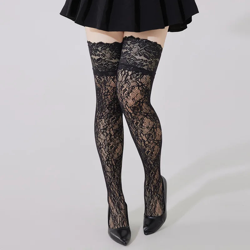 Plus Size Transparent Black Lace Silicone Non-Slip Mesh Stockings Sexy Fishnet Stocking Thigh High Tights Long Socks for Women
