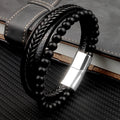 MingAo Charm Men Jewelry Natural Stone Multi-Layer Leather bracelet Black Stainless Steel Magnetic Clasp Tiger eye Bead Bracelet