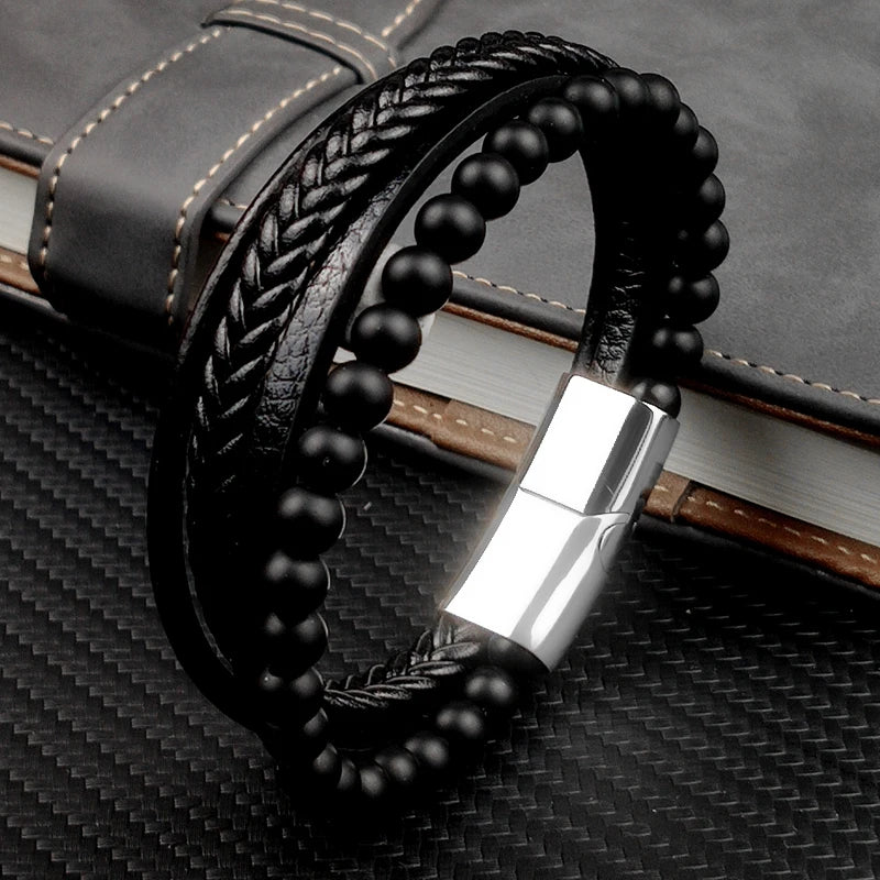 MingAo Charm Men Jewelry Natural Stone Multi-Layer Leather bracelet Black Stainless Steel Magnetic Clasp Tiger eye Bead Bracelet