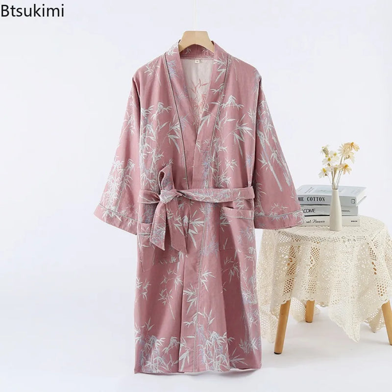 2026Couple's Printed Cotton Loose Fitting Bathrobe Japanese Style Tie Up Kimono Bathrobe Sweat Steaming Cotton Pajamas Robes Men