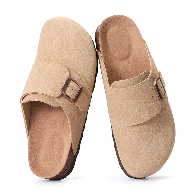 Asgard Women Suede Clogs Genuine Leather Mules Adjustable Buckle with Comfort Cork Footbed and Arch Support Aldult Potato Shoes