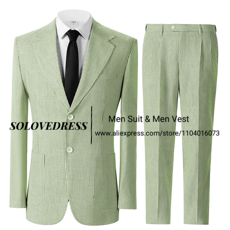 Men's Seersucker Striped Suits 2 Piece Slim Fit Summer Casual Pinstripe Suit for Men Wedding Grooms Blazer Jacket Pants Sets