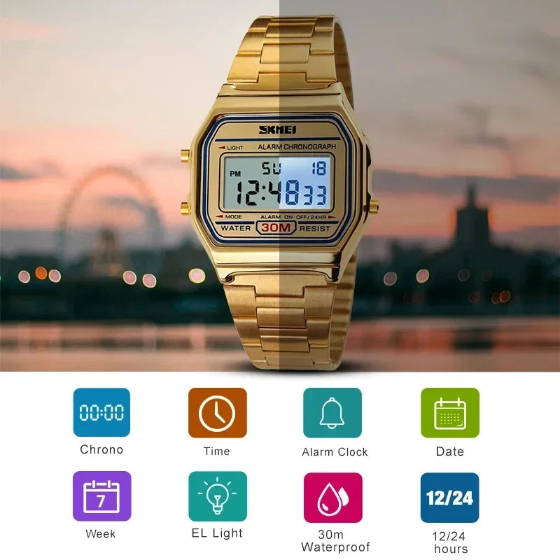 Fashion Men Stainless Steel Strap LED Display 3Bar Waterproof Digital Watch For Casual 1123 Sport Watches - Visuel 6 | SAMAG