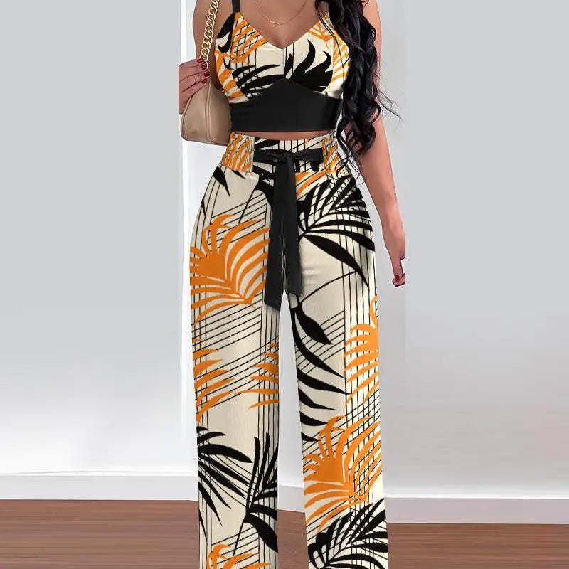 Women's Two Piece Sets Fashion Print Halter V-Neck Short Tank Suit Tops Long Pants Matching Set Summer Casual Female Slim Pants