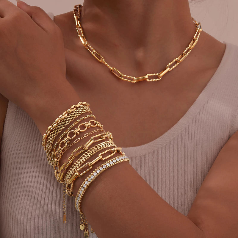 Women Stainless Steel Chain Bracelet, 18K Gold Plated Twist Paperclip Adjustable Link Chunky Stackable - Visuel 5 | SAMAG