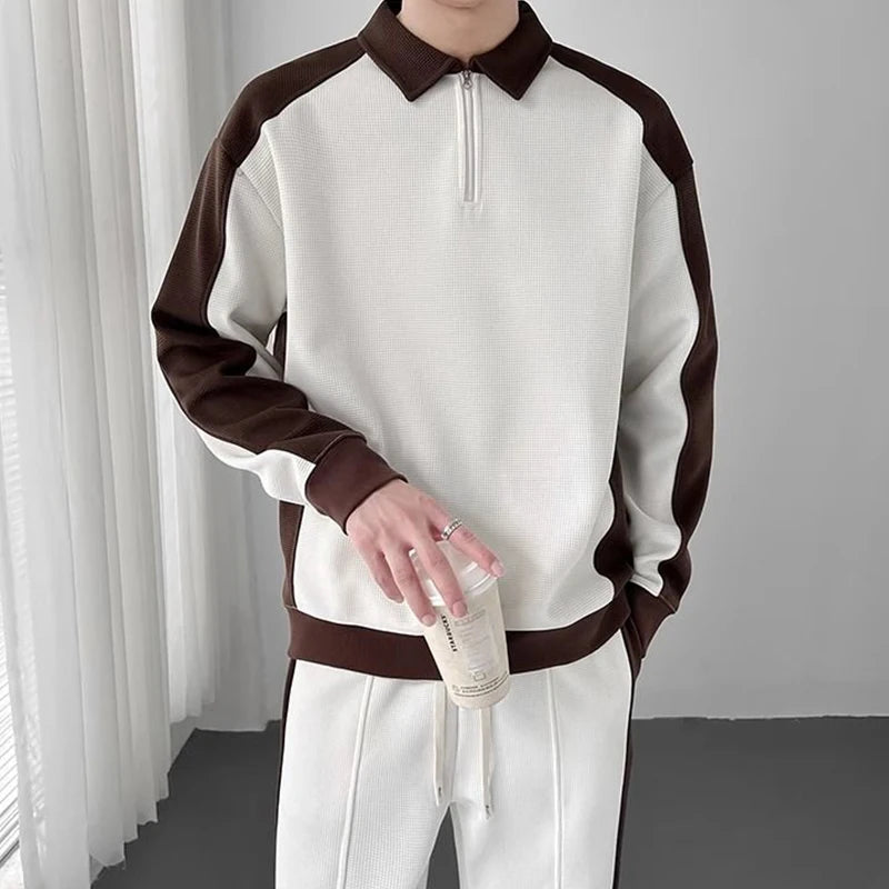 Spring Autumn Korean Fashion Patchwork Sweatshirt Elastic Casual Sweatpants Set Men Loose Comfortable Sporty - View 6 | SAMAG