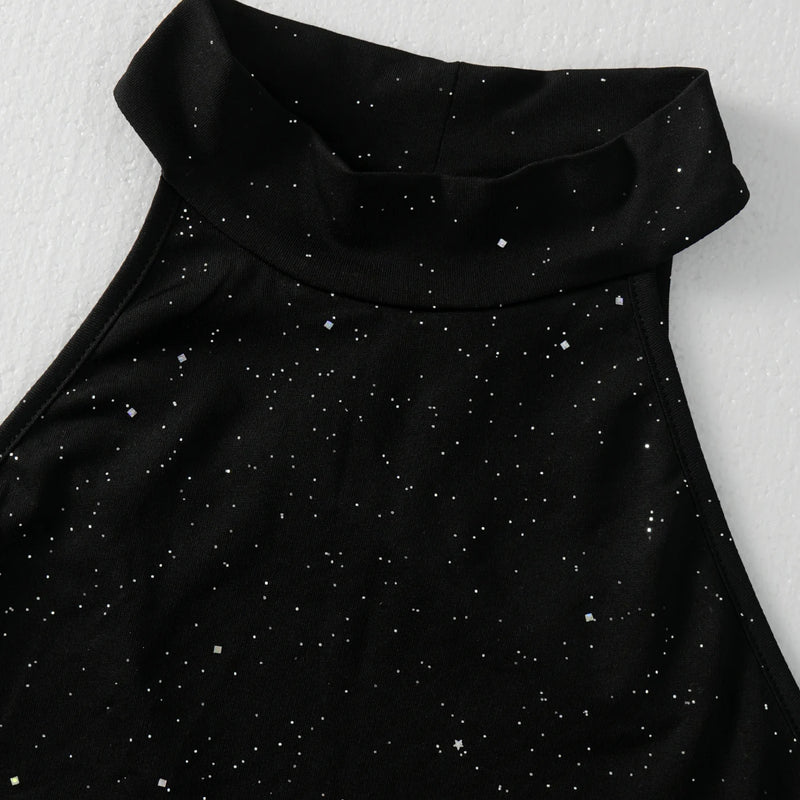 Women Sparkly Sleeveless Top Black Halter Vest Slim Fit Casual Top Spring Summer Fashion Trendy Sexy Tank Top Music Festival