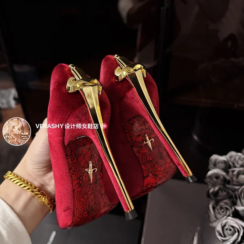 Red Bottom Metal Wand Sexy Sword Pointed Toe Thin Heel Evening Single High Heel Printed Bottom Comfortable Wear Ultra High Heels