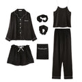 Spring Autumn 7 Pieces Set Silk Elegant Women Pajamas Print Shorts Long Sleeve Top Elastic Waist Pants Lounge Sleepwear