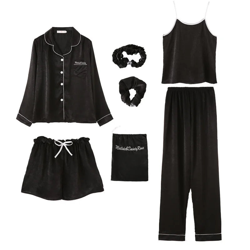 Spring Autumn 7 Pieces Set Silk Elegant Women Pajamas Print Shorts Long Sleeve Top Elastic Waist Pants Lounge Sleepwear