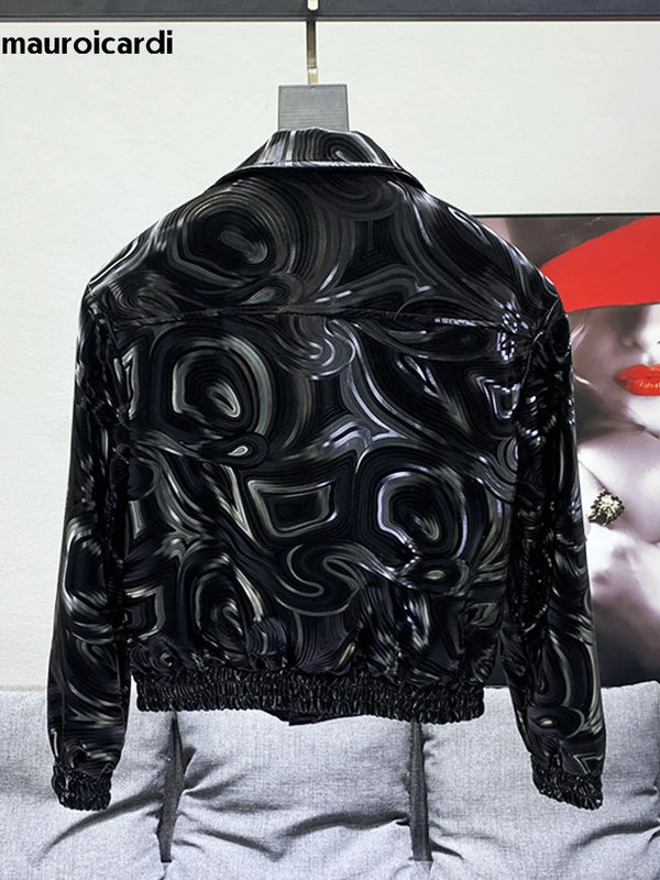 Mauroicardi Spring Autumn Cool Short Black Shiny Geometric Faux Leather Jacket Men Zipper Stylish Luxury Designer Clothes