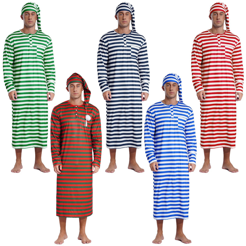 Men's Striped Nightshirt Sleep Robe Set Loose Soft Long Sleeve Sleeping Long Shirts with Night Cap Christmas Sleepwear Nightwear