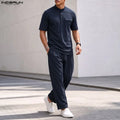 INCERUN Men's Sets Solid O - neck Short Sleeve T Shirt Pants Two Piece Streetwear Casual Fashion Matching - View 4 | SAMAG