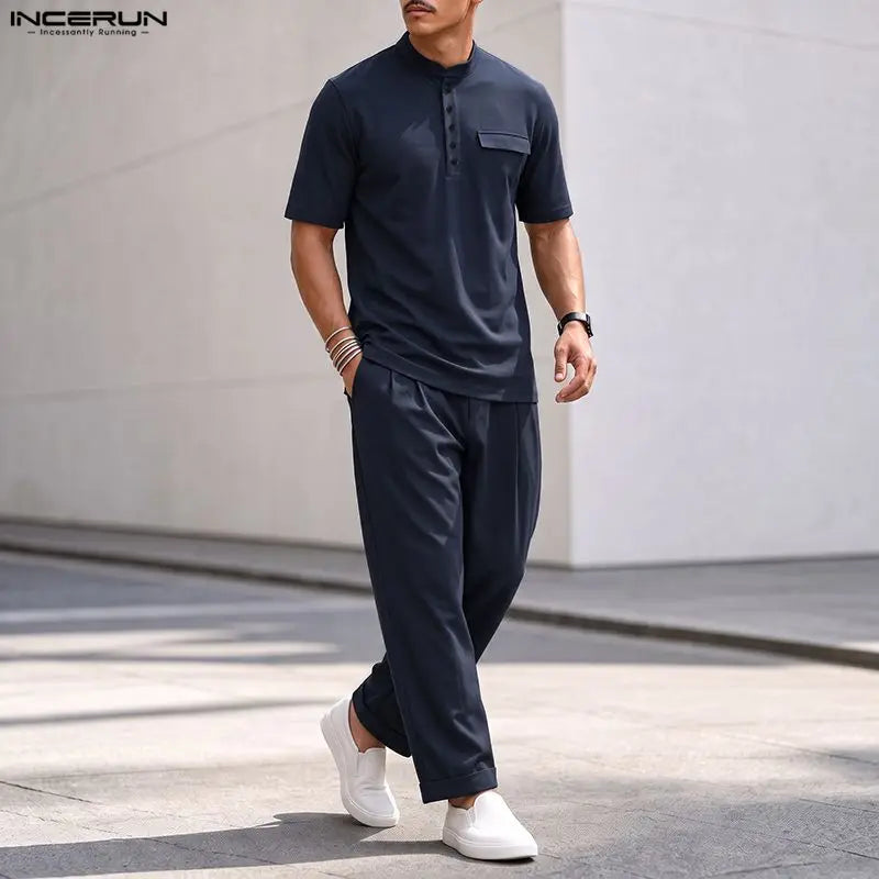 INCERUN Men's Sets Solid O - neck Short Sleeve T Shirt Pants Two Piece Streetwear Casual Fashion Matching - View 4 | SAMAG