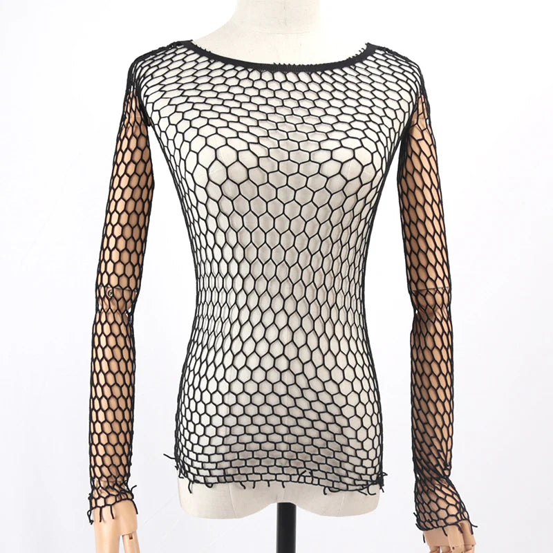 Sexy Hollow Out Mesh T-Shirt Female Skinny Crop Top Fashion Summer Basic Tops for Women Fishnet Shirt
