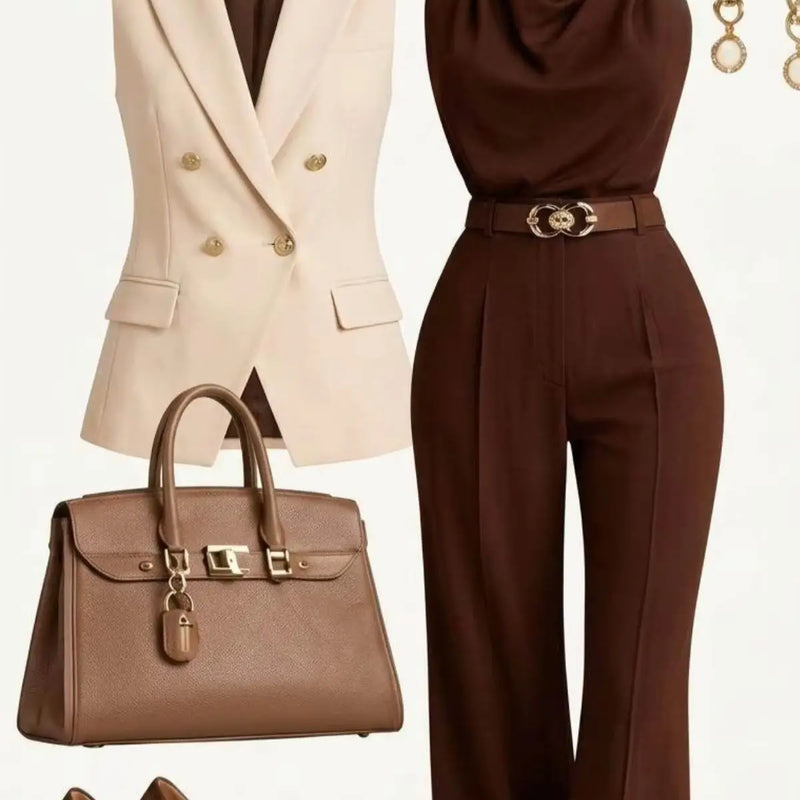 Women Notched Lapel Sleeveless Vest Draped Collar Top High Waist Flare Pants Two‑Piece Suit Business Formal Daily Wear