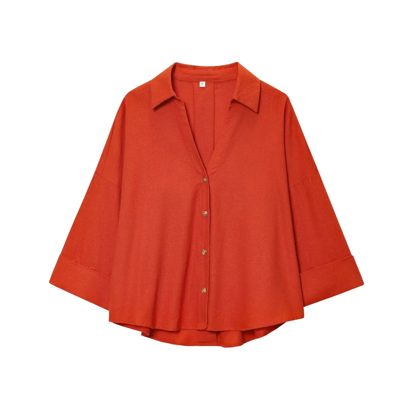 HipSeam Wide Sleeved Shirt Women Spring Asymmetric Hem Button Women's Shirts Simple Lady Johnny Collar Shirts & Blouses