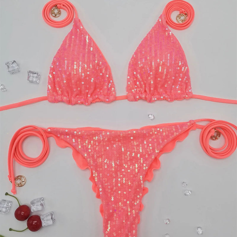 Sexy glitter sequine plain bikinis sets two pieces thong | SAMAG