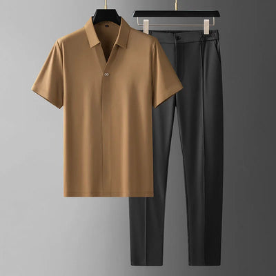 Summer New Fashion Solid Color Ice Silk Short - Sleeved Shirt Set Men's Casual Relaxed Comfortable Breathable Two | SAMAG