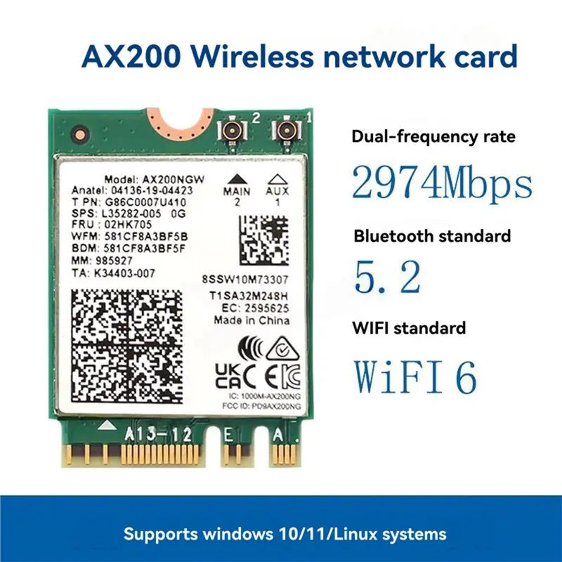 A08E - AX200 AX200NGW Network Card M.2 NGFF 2.4Ghz/5G WI - FI 6 2974Mbps Wifi 802.11Ax Bluetooth 5.2 - Visuel 5 | SAMAG