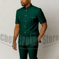 Men's Grey Mandarin Collar Suit Set Short Sleeves Multi-Pocket Jacket and Trousers Fashion Formal Smart Casual Wedding Suits
