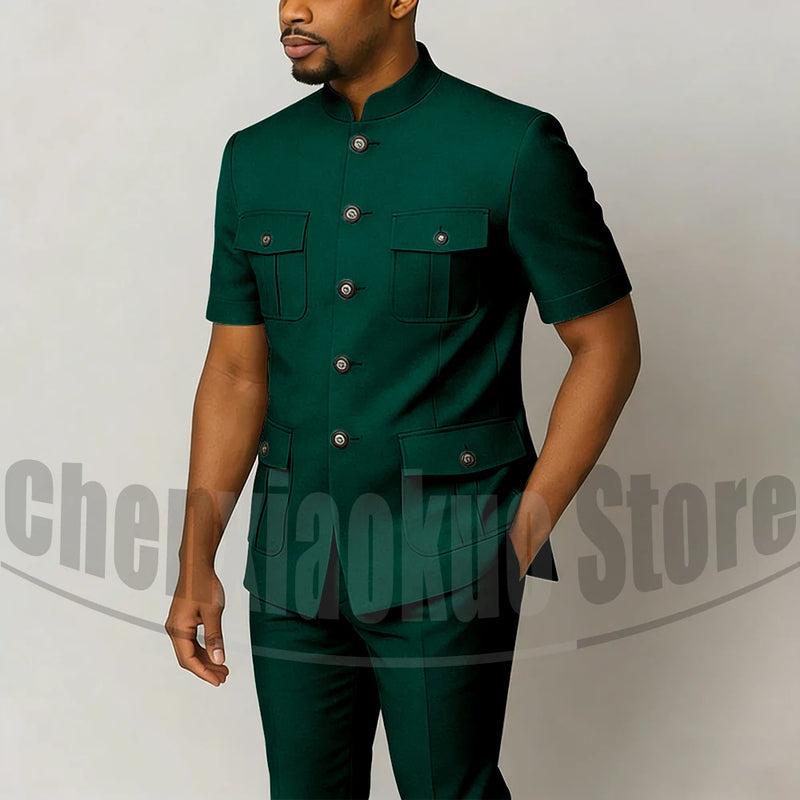 Men's Grey Mandarin Collar Suit Set Short Sleeves Multi-Pocket Jacket and Trousers Fashion Formal Smart Casual Wedding Suits