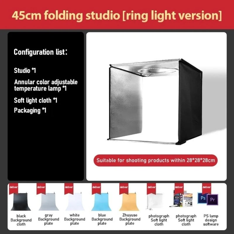 45/65cm Studio LED Light Box with Background Ring Light Board Studio Softbox Folding Photography Box and Bag For Studio Shooting