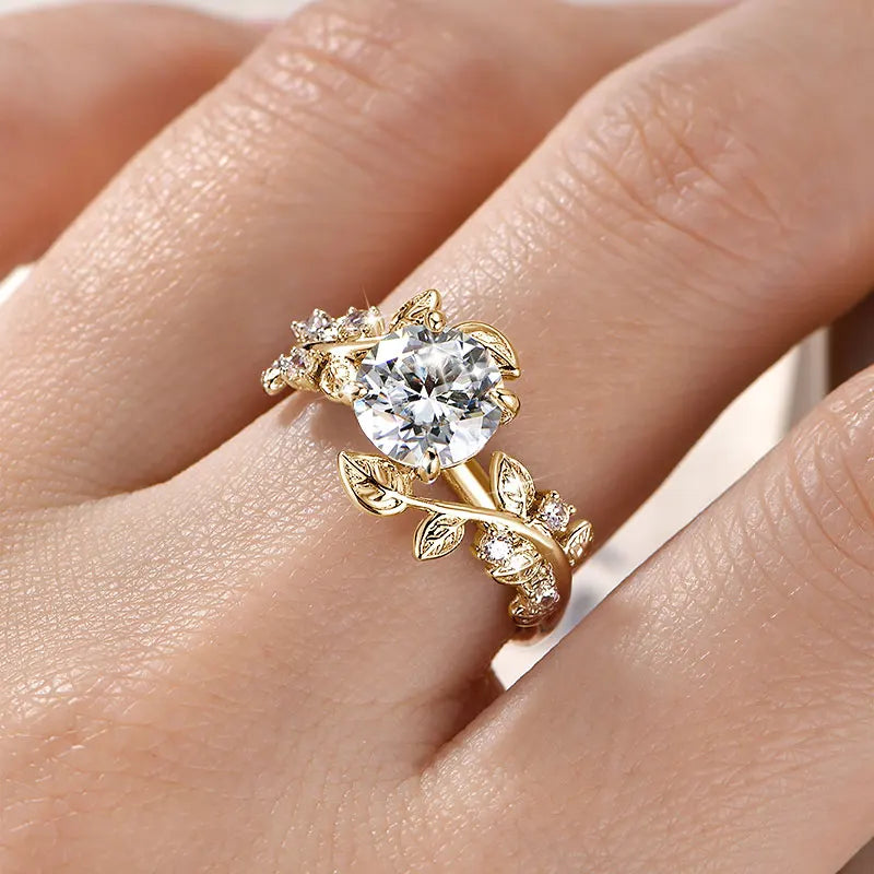 Lnngy Round Cut 8mm Moissanite Engagement Ring for Women 14K Gold Filled Leaf Design Twist Shank Rings Exquisite Jewelry Gift