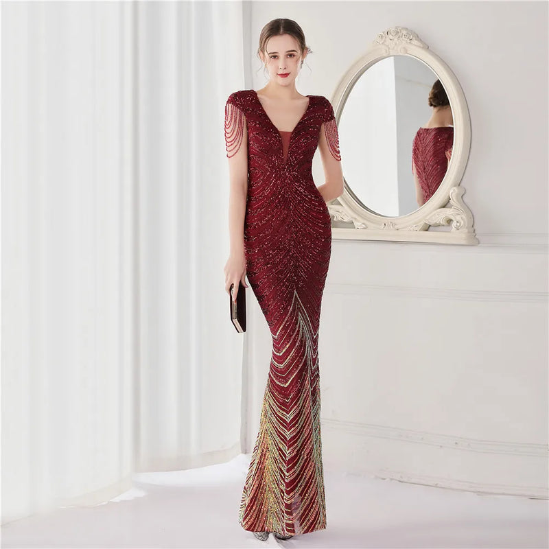 DEERVEADO Elegant V Neck Mermaid Evening Dress Long | SAMAG