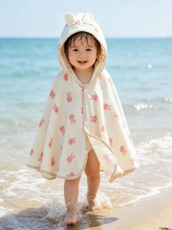 Baby gauze cape bath towel, soft and absorbent. Baby hooded cape, cartoon style bathrobe, children's bath towel.