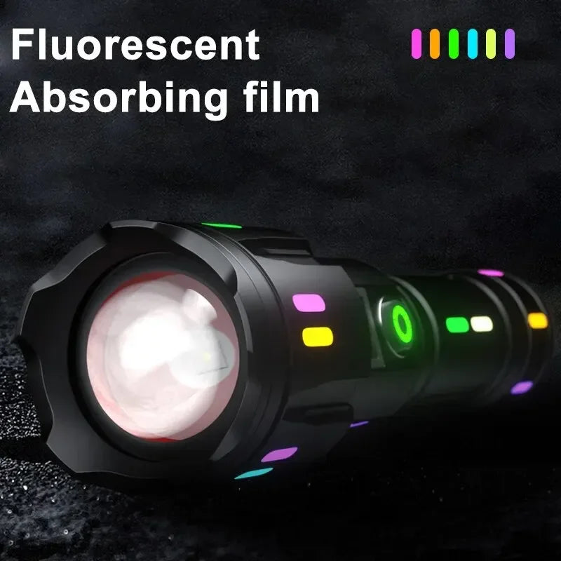 Long Range LED Flashlight High Power Spotlight Fluorescent Absorbing Film Luminous Colorful Zoom Flashlight Camping Emergency