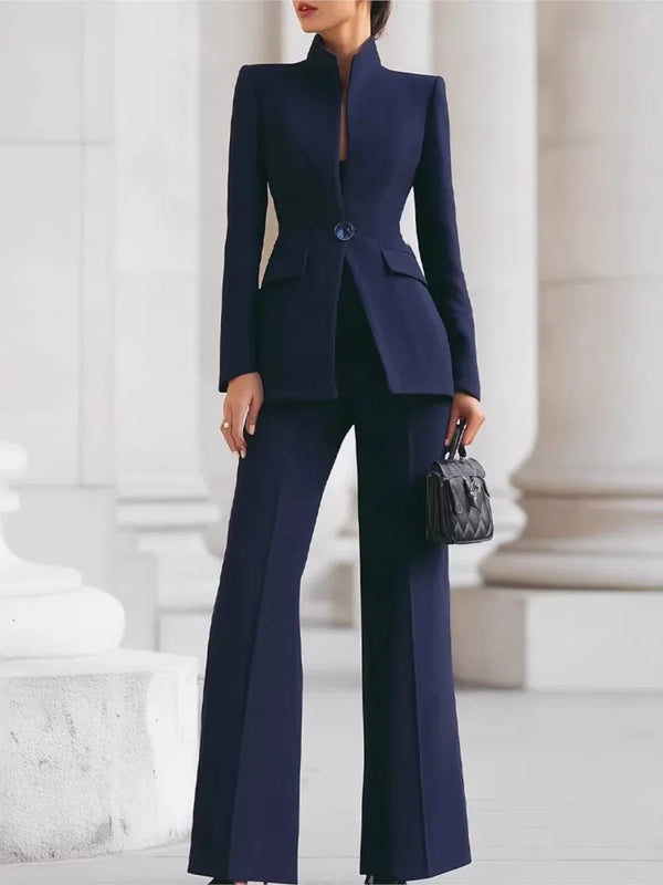 Elegant Women Solid Slim Two Piece Sets Spring Fashion Stand Collar Long Sleeved Blazer+Pants Suit Casual Work Office Coat Set
