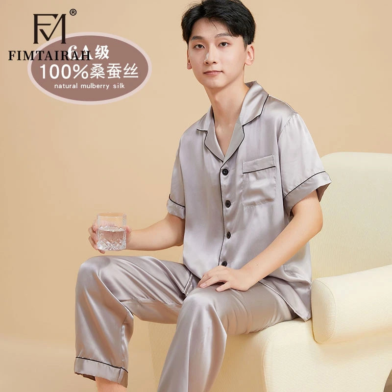 Fimtairah Real 19MMSilk 100% Mulberry Silk Pajamas Men's  Hangzhou Solid Color heavy Silk Home Wear Men's Short sleeve trousers