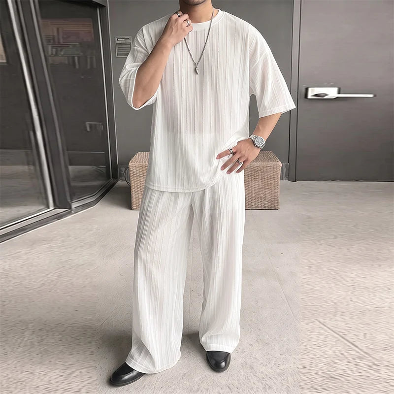 INCERUN Men's Sets Striped See Through Short Sleeve T Shirt Pants Two Piece Streetwear Loose Fashion - View 2 | SAMAG