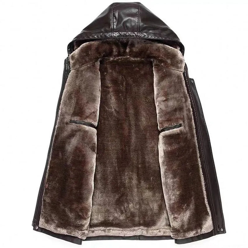 2026 Winter New Fur One Coats Men's Business Leisure Leather Jacket Thick Men Fur Clothing Sheepskin Hooded Jackets Detachable