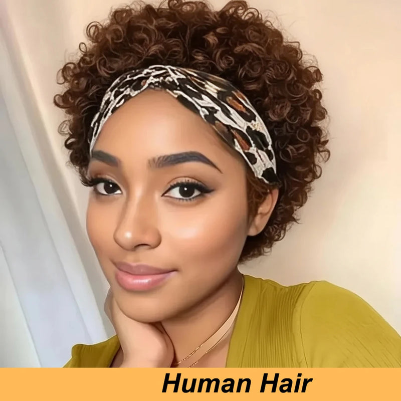 Headband Short Pixie Cut Wigs Human Hair for Women Curly Wigs Water Wave Bazilian Hair Full Machine Made Cap for Daily Wear