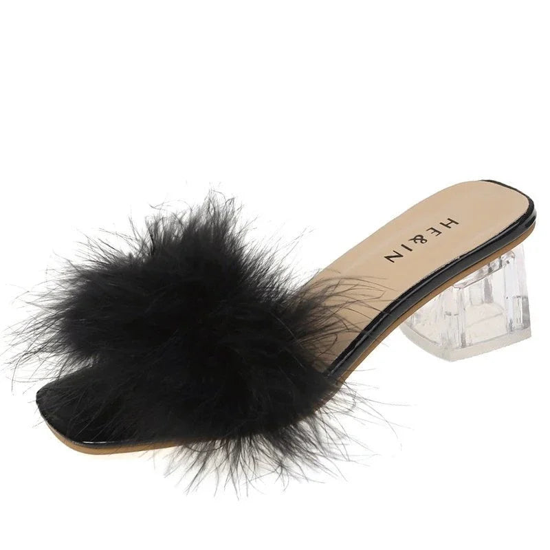 Fashion Slippers Women's Summer New Open Toe Plush Fox Fur Chunky with Flip Flops Sexy Home Banquet Square Toe Simple Pumps